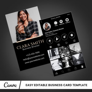 Modelo de cartão de visita para impressão, modelo de cartão de visita para diretor em preto e branco, cartão de influenciador do Instagram, design de cartão de gerente, Canva editável