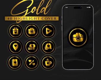 Könnte beinhalten: Ein Satz von 40 goldenen Highlight-Covern mit verschiedenen Symbolen, darunter eine Geschenkbox, eine Kamera, ein Play-Button, ein Herz, ein Standort-Pin, ein T-Shirt, eine Sprechblase, ein Notizbuch, ein Prozentzeichen und eine Kaffeetasse. Die Symbole befinden sich auf einem schwarzen Hintergrund und haben einen goldenen Umriss. Der Text "Gold 40 Highlight Cover" befindet sich oben im Bild. Der Text "Edit with Canva" und "Download your finished work as PDF, PNG or JPG." befindet sich unten im Bild.