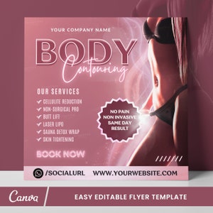 Post na Instagramie o konturowaniu ciała, Szablon ulotki DIY, Ulotka rezerwacji konturowania ciała, Zarezerwuj teraz rzeźbienie ciała, Zestaw marki Body Spa, Edytowalny Canva