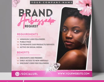 Brand Ambassador Flyer Template | Influencer Recruitment Canva Post | Beauty Brand Marketing | Editable Ambassador Request