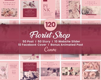 Plantillas para publicaciones de floristería en Instagram / Paquete de 120 plantillas de Canva para negocios de flores / Kit de marketing floral / Diseño floral para bodas y San Valentín