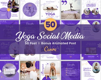 50 Yoga Instagram Post Template, Wellness & Meditation Banner, Yoga Teacher Branding, Gym Life Coach Social Media Flyer, Editable Canva