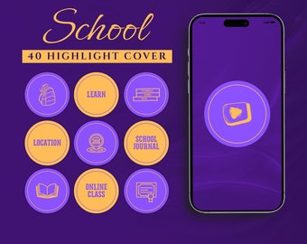 Instagram Highlight Covers School | 40 Purple Gold Education Icons Canva | Student Teacher Branding Kit | Study Blog Design