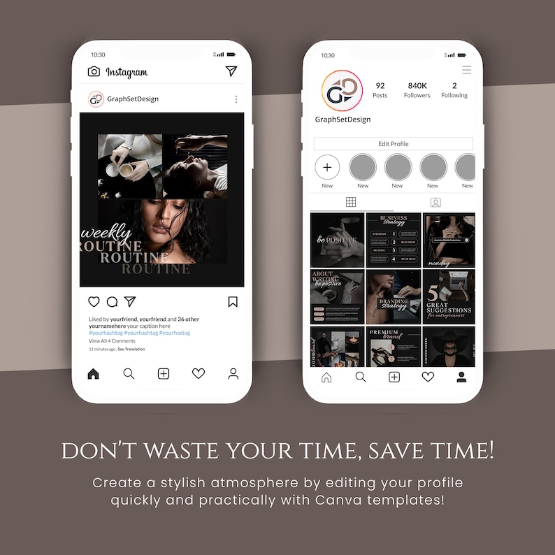 May include: A screenshot of an Instagram profile page with a black and white color scheme. The profile name is "GraphSetDesign" and the profile picture is a stylized letter "G". The profile has 92 posts, 840K followers, and 2 following. The profile page includes a grid of nine images, each with a different design. The images are all black and white and feature text and graphics. The text on the images includes phrases like "Be Positive", "About Writing", "Business Strategy", "Branding Psychology", and "5 Great Suggestions".