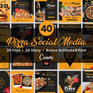 Posty na Instagramie o pizzy, Szablon Canva dla restauracji, Zestaw marketingowy Fast Food, Zestaw do brandingu menu żywności, Post w mediach społecznościowych pizzerii, Ulotki DIY