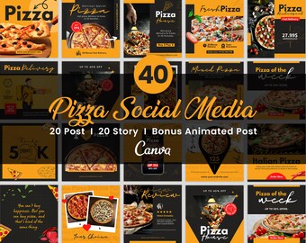 40 Pizza Instagram Posts Template, Fast Food Menu Marketing Branding Kit, Pizza Shop Social Media Flyers, DIY Restaurant Canva Banner