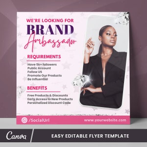 May include: Pink and white flyer with a black and white photo of a woman holding a diamond. The flyer advertises for a brand ambassador with requirements and benefits listed. The text reads "We're looking for Brand Ambassador", "Requirements", "Have 5k+ followers", "Public Account", "Follow US", "Promote Our Products", "Be Influential", "Benefits", "Free Products & Discounts", "Early Access to New Products", "Personalized Discount Code", "SocialUrl", "www.yourwebsite.com", and "Easy Editable Flyer Template".