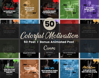 Colorful Motivation Quotes Instagram Post | 50 Canva Fitness Gym Bundle | Motivational Content Marketing | Workout Inspiration Pack