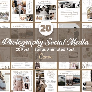 May include: A collage of 20 social media post templates for photographers, featuring images of families, couples, babies, nature, and food. The text "Photography Social Media" and "20 Post | Bonus Animated Post" is displayed in a brown banner. The text "Canva" is displayed in a white banner.