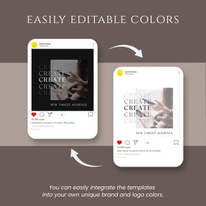 May include: Two Instagram post templates with a black background and a white background. The templates feature the word "CREATE" repeated five times in a bold, white font. The text "NEW TARGET AUDIENCE" is centered at the bottom of each template. The templates are designed to be easily edited with different colors.