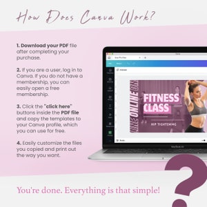 ⚡ HOW IT WORKS
1. Purchase the listing
2. Download the PDF
3. Open the Canva template
4. Customize with your own fitness video details
5. Download & Upload