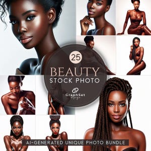 May include: A collection of 25 AI-generated stock photos featuring beautiful Black women with various hairstyles and poses. The photos are high-quality and perfect for use in marketing materials, social media, and more.