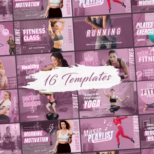 This done-for-you Fitness YouTube Thumbnails Kit gives you 16 bold, on-brand thumbnail designs for workouts, yoga, healthy eating, and motivation — just open them in Canva, swap in your own photos and titles, and you're ready to upload.

Works as thumbnails for fitness classes, home workout videos, yoga sessions, diet and healthy eating videos, morning motivation, workout music playlists, and fitness vlogs — one cohesive mauve-and-pink set to keep your entire channel looking consistent.