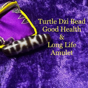 Puede incluir: Un amuleto de cuentas Dzi de tortuga con un patrón marrón y blanco, sobre una superficie de terciopelo púrpura. El texto de la imagen dice "Turtle Dzi Bead Good Health & Long Life Amulet". Una bolsa púrpura con ribete dorado está en el fondo.