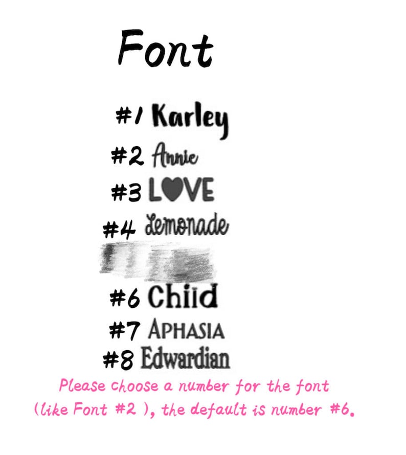 Op de afbeelding: Een lijst met acht verschillende lettertypen, genummerd van 1 tot en met 8. De lettertypen worden weergegeven met voorbeeldtekst, zoals "Karley", "Annie", "LOVE", "Lemonade", "Chiid", "APHASIA" en "Edwardian". De tekst "Kies een nummer voor het lettertype (zoals lettertype #2), de standaardinstelling is nummer #6." wordt onder de lijst met lettertypen weergegeven.