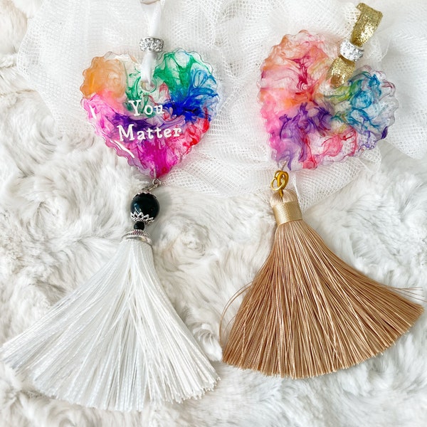 Resin rainbow car charm accessories heart shape, tassel included. Add name (words) with no extra cost