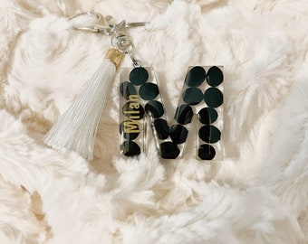 Customizable resin letter keychain tassel and ring included, Add name with no extra cost.