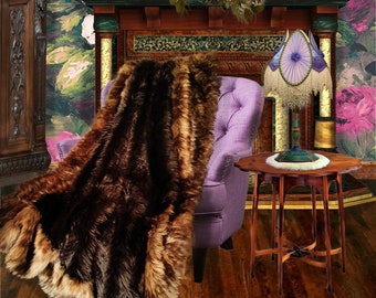 May include: A plush brown and tan faux fur throw blanket draped over a purple armchair in a vintage living room setting. The room features a fireplace with a decorative lamp on a side table.