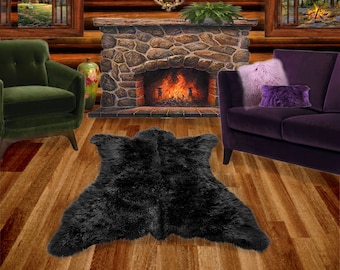 Bear Skin Rug, Animal Friendly Faux Fur, All Sizes, Colors, Black Shag Area Rug, Log Cabin, Lodge, Man Cave, Family Room, Handmade in USA