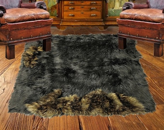 Handmade Wolf Trimmed Pelt Rug, Designer Rug, Luxurious Faux Fur, All Sizes, Thick Shag, Living Room, Bedroom Nursery, Family Room USA