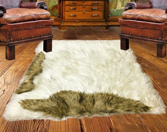 Handmade Wolf Trim Faux Fur Rug, Plush Shag Pelt, USA