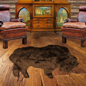 Handmade Buffalo Shaped Pelt Rug, Designer Art Rug, Luxurious Faux Fur,  2 Sizes, Thick Shag, Living Room, Bedroom, Cabin, Family Room USA