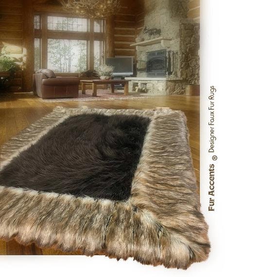 Fancy Fur Rug Faux Fur Area Rug: Ribbed Fox Border, Chocolate Brown Shag Center - Etsy