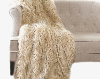 Beige Mongolian Throw Blanket, Plush Faux Fur, All Sizes, Minky Cuddle Fur Lining, Handmade to Order, Made in the America