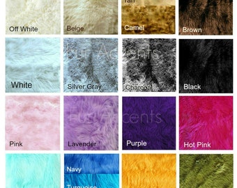 May include: A color chart of 16 different faux fur fabric swatches. The swatches are arranged in a 4x4 grid. The colors include off white, beige, tan, camel, brown, white, silver gray, charcoal, black, pink, lavender, purple, hot pink, mint, turquoise, light blue, gold, and olive.