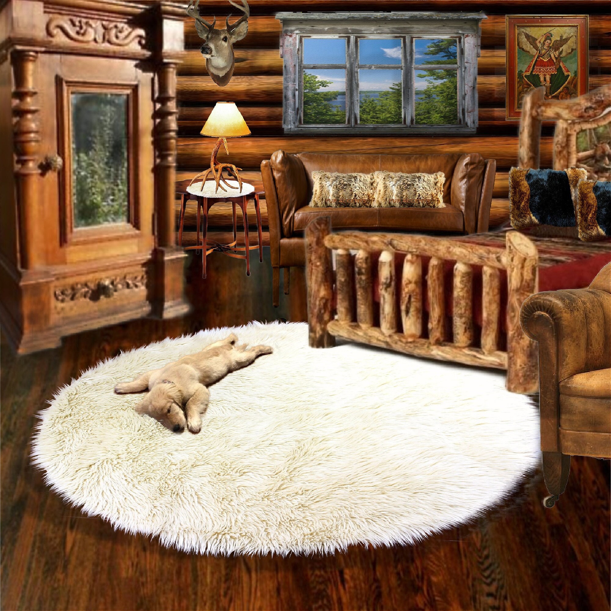 Animal Friendly Bear Skin Rug, Animal Friendly Faux Fur, All Sizes, Shag Round Area Rug, Log Cabin, Lodge, Family Room, Handmade in America