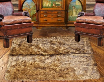 Brown Coyote Rectangle Area Rug Faux Fur Lodge Cabin Cottage Rustic Home Decors 