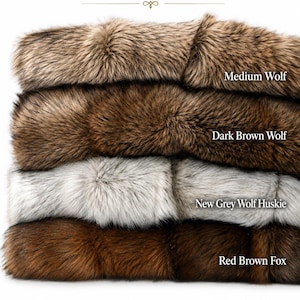 Puede incluir: Una tabla de colores de piel sintética con cuatro muestras horizontales. Las etiquetas dicen Medium Wolf, Dark Brown Wolf, New Grey Wolf Huskie y Red Brown Fox. El texto inferior dice Premium Faux Fur Rugs and Throws Better Than the Real Thing.