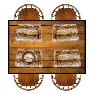 May include: Four brown faux fur placemats on a wooden table with four wooden chairs. The placemats are arranged in a square pattern.