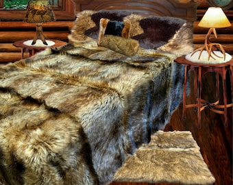 Golden Wolf Stripe Bedspread Comforter Throw , Animal Friendly Shag Faux Fur, All Sizes, Minky Fur Lining Handmade to Order  Made in America