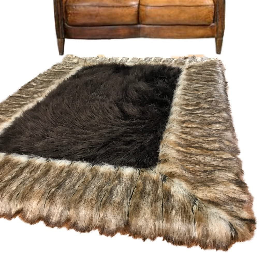 Two Fur Rug Faux Fur Area Rug: Ribbed Fox Border, Chocolate Brown Shag Center - Etsy
