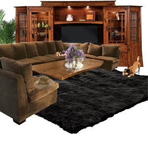 Animal Friendly Black Rectangle Floor Rug Sheepskin Rustic Faux Fur Designer Rug, Many Sizes, Handmade in the USA
