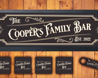 Custom Classic Heritage Style Bar Runner Mat, Matching Coasters and Bottle Opener