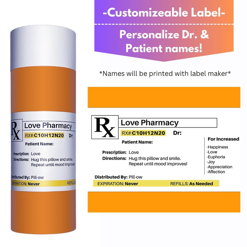 May include: A customizable label for a bottle of medication. The label is orange and has the text "Love Pharmacy" and "RX#:C10H12N20" printed on it. The label also has a space for the patient's name and the doctor's name. The label is designed to be personalized with the patient's and doctor's names.