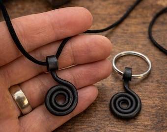 Hand Forged Spiral Pendant Necklace, Blacksmith Keyring, Rustic Metal Jewelry