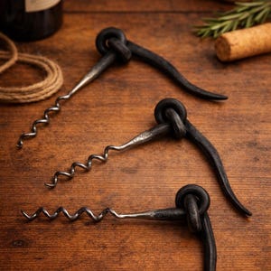 May include: Three handcrafted black metal corkscrews with a twisted spiral design. The corkscrews have a knot-like handle and are displayed on a wooden surface. A wine bottle and cork are in the background.