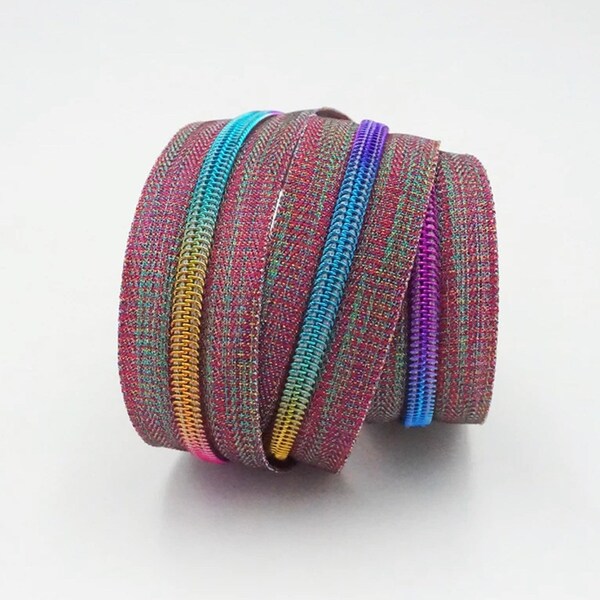 BY THE YARD Multi Color Metallic Look Unicorn Mane Zipper Tape With Multi-Colored Rainbow Nylon Coil