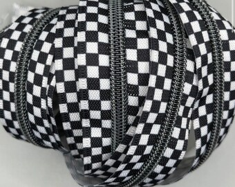 New BY THE YARD Size 5 #5 Black And White Checkered Checked Square Zipper Tape With Black Nylon Coil Teeth