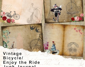 Bicicletta vintage Goditi il giro 10 pagine doppie complete più effimere / abbellimenti per diario / materiali per junk journal / download digitale