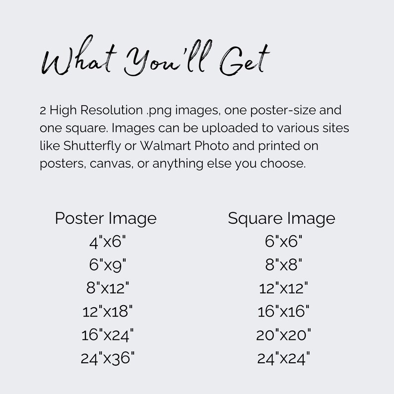 Puede incluir: Un gr&aacute;fico que muestra los diferentes tama&ntilde;os disponibles para im&aacute;genes de p&oacute;ster y cuadradas. Los tama&ntilde;os de p&oacute;ster son 4x6 pulgadas, 6x9 pulgadas, 8x12 pulgadas, 12x18 pulgadas, 16x24 pulgadas y 24x36 pulgadas. Los tama&ntilde;os cuadrados son 6x6 pulgadas, 8x8 pulgadas, 12x12 pulgadas, 16x16 pulgadas, 20x20 pulgadas y 24x24 pulgadas.
