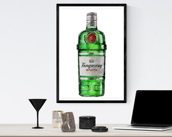 Tanqueray Gin Bottle Watercolor Art Print: Bar Cart Decor (Digital Download PNG Files)