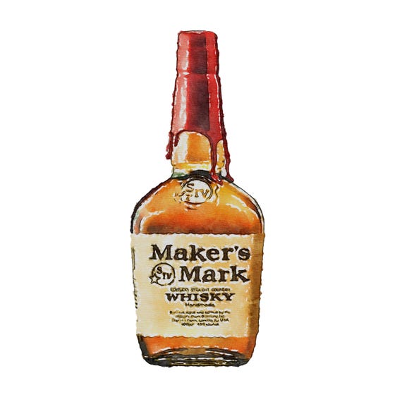 Maker's Mark バーボンウイスキー 木製看板 メーカーズマーク バーボンウイスキー 水彩画 アートプリント：バー