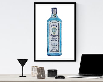 Impresión artística en acuarela de una botella de ginebra Bombay Sapphire: Decoración para el bar (descarga digital)