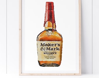Maker's Mark Bourbon Whiskey Watercolor Art Print: Bar Decor (Digital Download