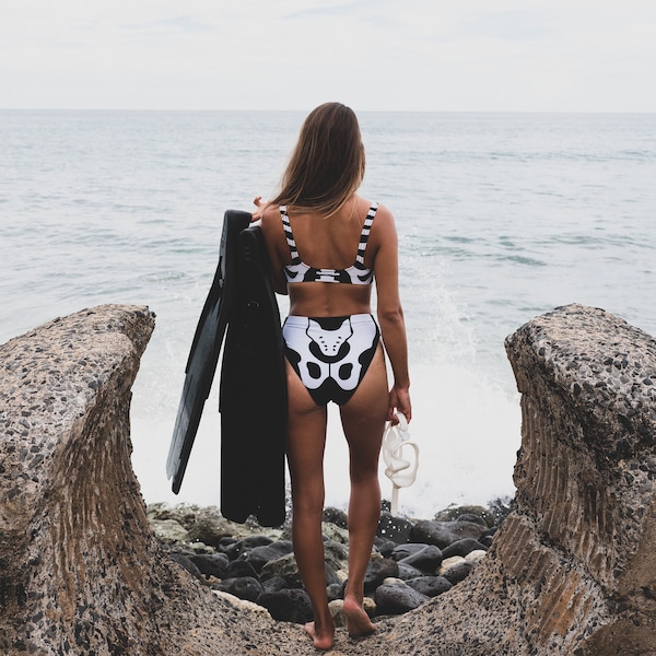 Skeleton Recycled high-waisted bikini/ Skeleton Goth Bathing Suit/ Sizes XS-3XL