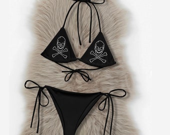 Goth Skull and Crossbones String Bikini Set/ Raver Two Piece/ All-over print recycled string bikini